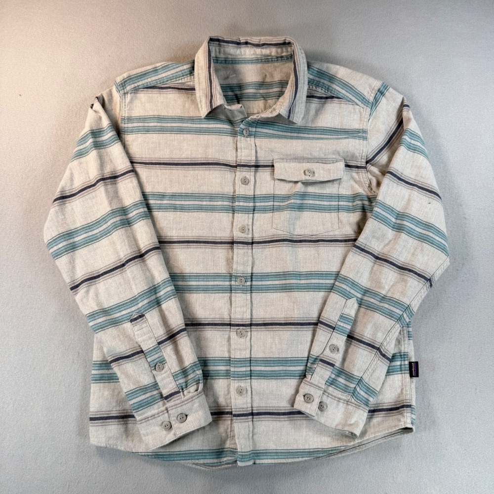 Patagonia Mens Long Sleeve Striped Flannel Shirt Blue Teal Gray Small Pocket